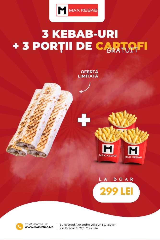 3 Kebab-uri + 3 Portii de Cartofi gratuit